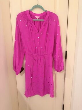 Lilly Pulitzer Hot Pink V-Neck Tunic with Smocked Yoke